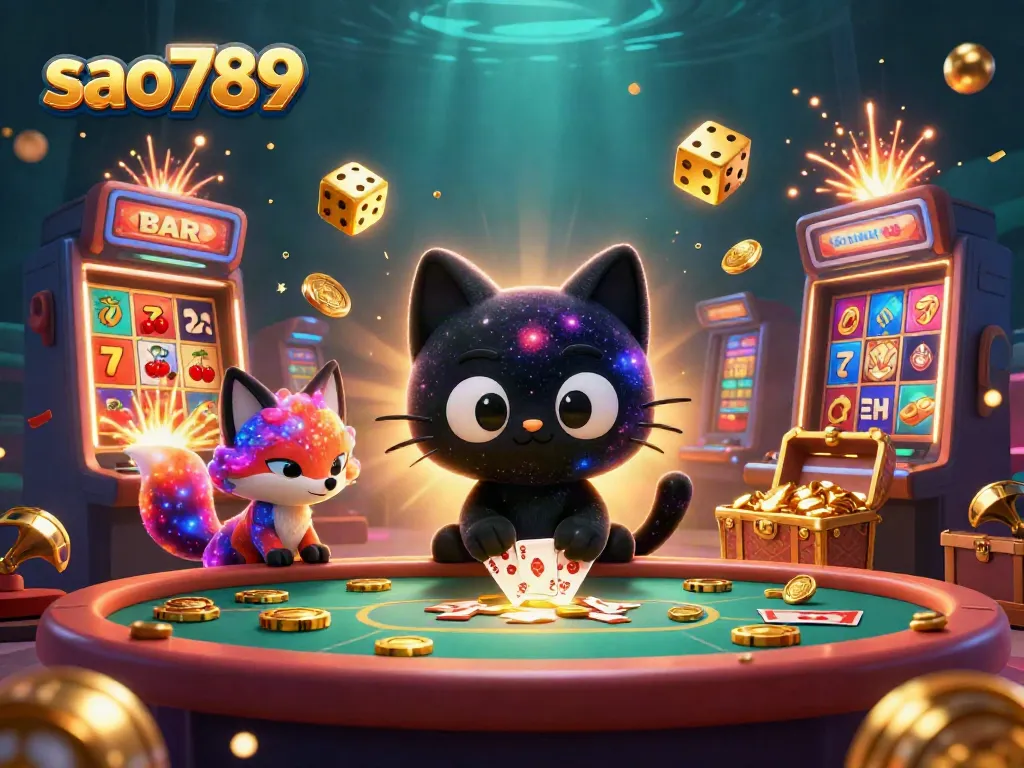 Engage in thrilling gameplay at Sao789 with a cosmic casino scene featuring unique characters and exciting elements.