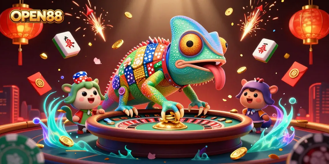 Experience the vibrant energy of OPEN88 with a chameleon casino owner surrounded by dazzling gaming elements.