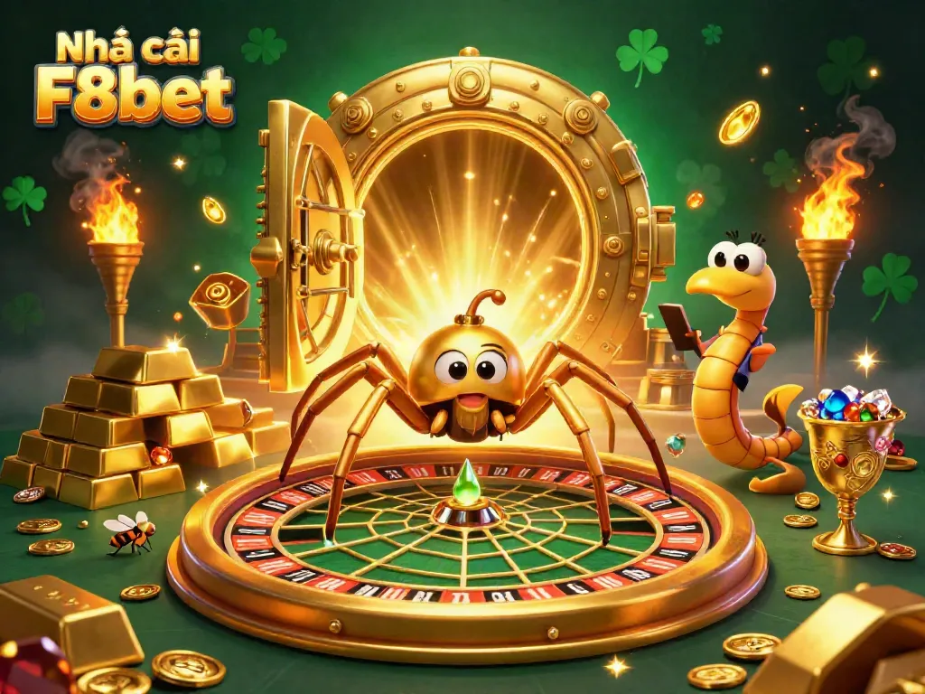 Experience thrilling bets at Nhà cái F8bet with a lively 3D casino scene full of golden treasures and excitement.