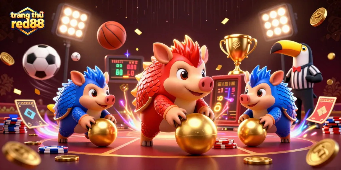 Compete at trang chủ red88 while rival pangolins roll golden balls through poker chips in this vibrant casino illustration.