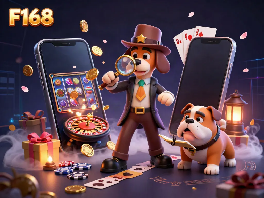 Explore the vibrant world of F168 with a detective cartoon scene filled with casino elements.