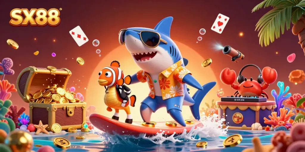 SX88 gaming scene with a shark, clownfish, and crab DJ surrounded by treasure, cards, and coins.
