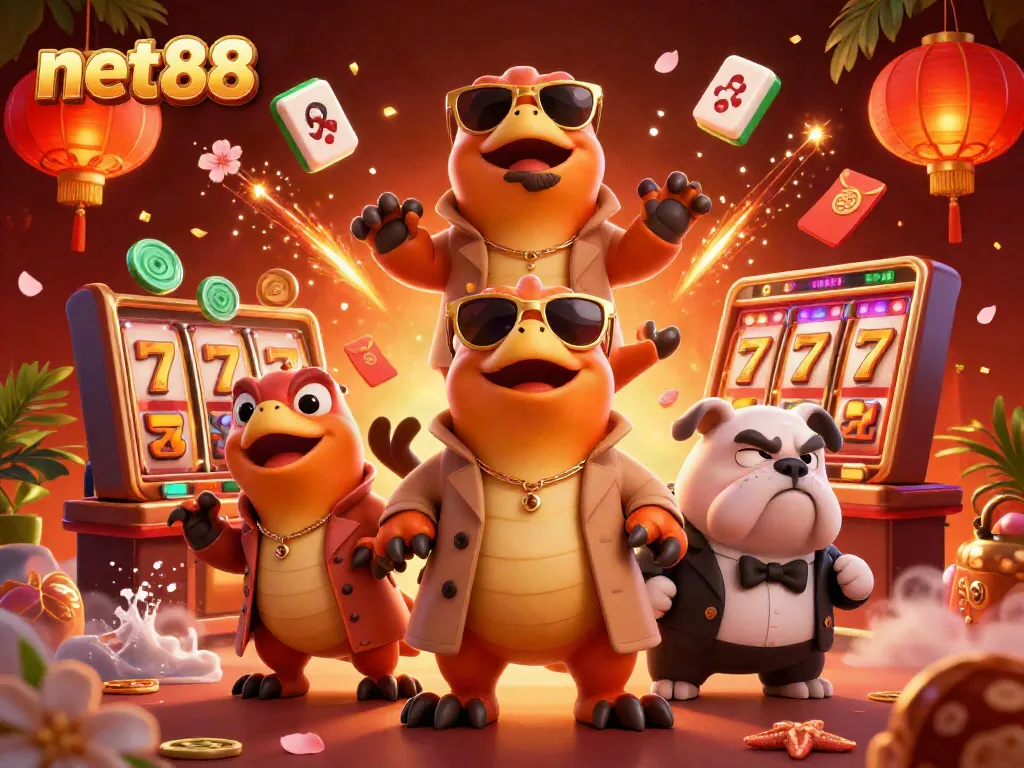Experience net88's dynamic VIP casino entrance with raptors and rich gambling elements.