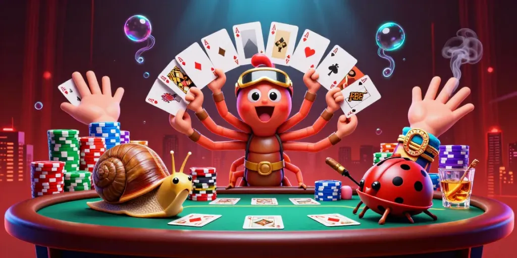 Experience the excitement of 789bet with a lively 3D casino scene featuring a millipede dealer and high-roller snail.
