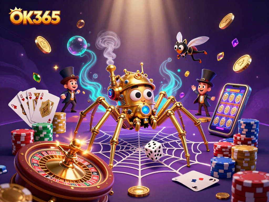 Engage in thrilling games at OK365 with a whimsical scene of a steampunk spider and gaming elements.