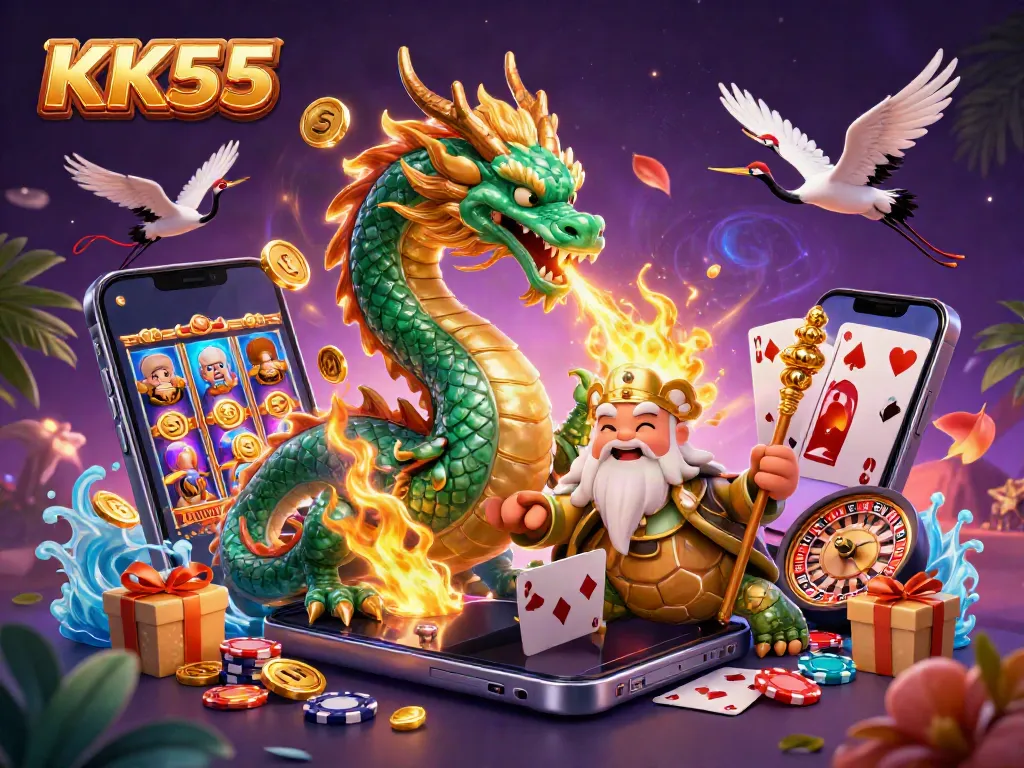 Engage with the thrilling world of KK55, showcasing a grand emerald dragon, serene turtle sage, and colorful games.