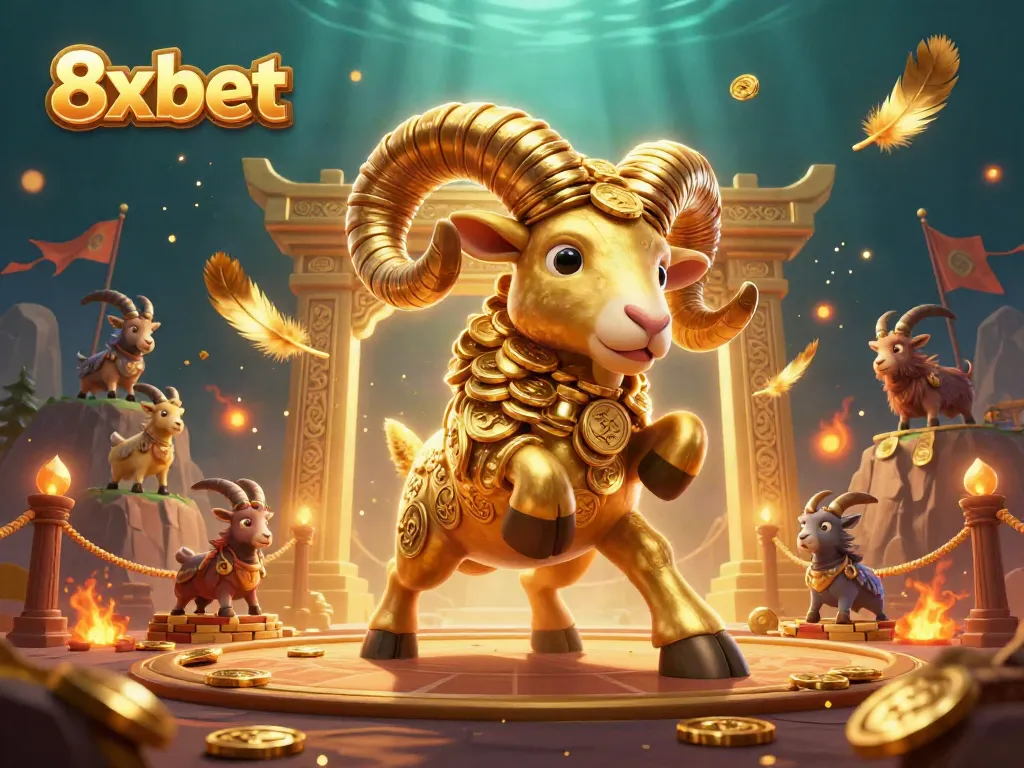 Experience thrilling 8xbet action with a spectacular golden ram in a vibrant casino arena.