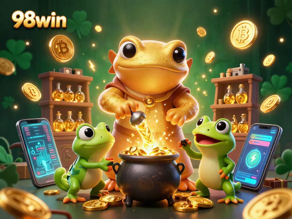 Join 98win's magical casino adventure with cartoon characters transmuting coins and showcasing cryptocurrencies.