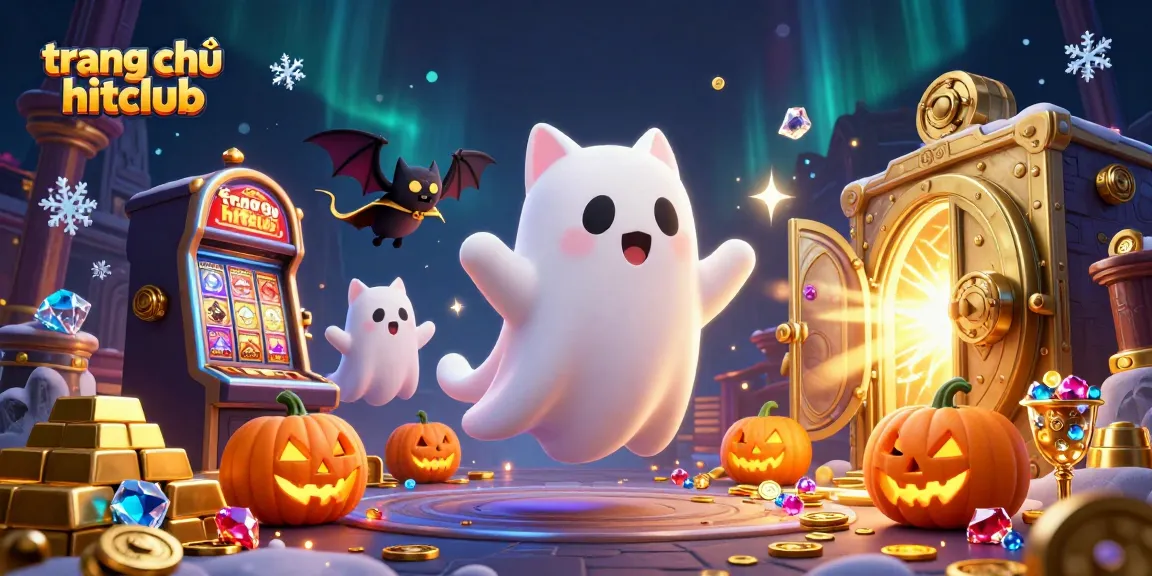 Join the thrilling experience on trang chủ hitclub with a friendly ghost cat and glowing jack-o-lanterns in a haunted casino.