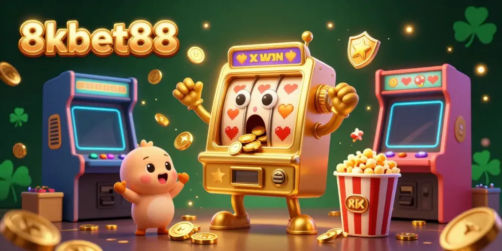 Celebrate wins with 8xbet88 and golden coins pouring from a joyful slot machine in a vibrant casino scene.