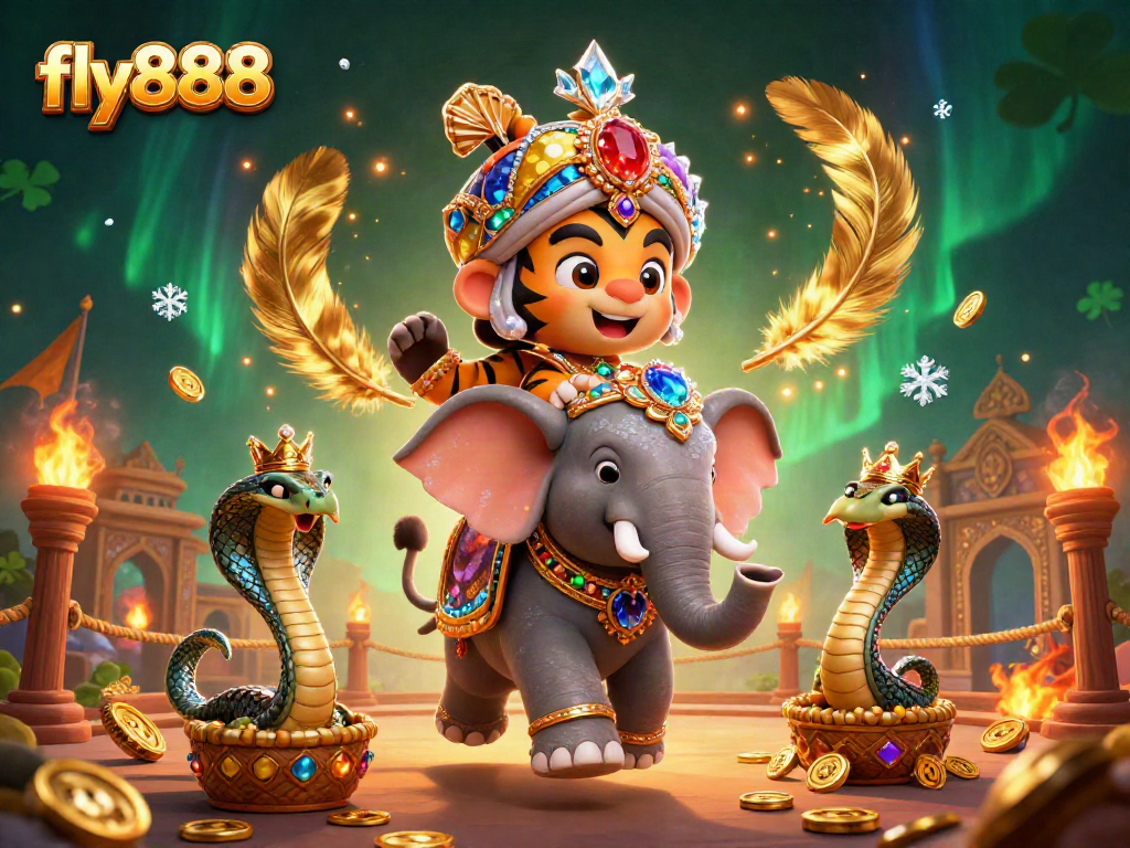 Join the excitement of fly888 with a dynamic 3D scene of an Indian maharaja tiger and jewel-encrusted elephant.