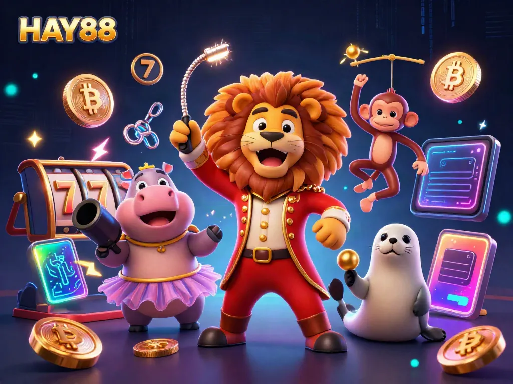 Engage in thrilling games with HAY88 at this dynamic casino scene featuring vibrant characters and gaming elements.