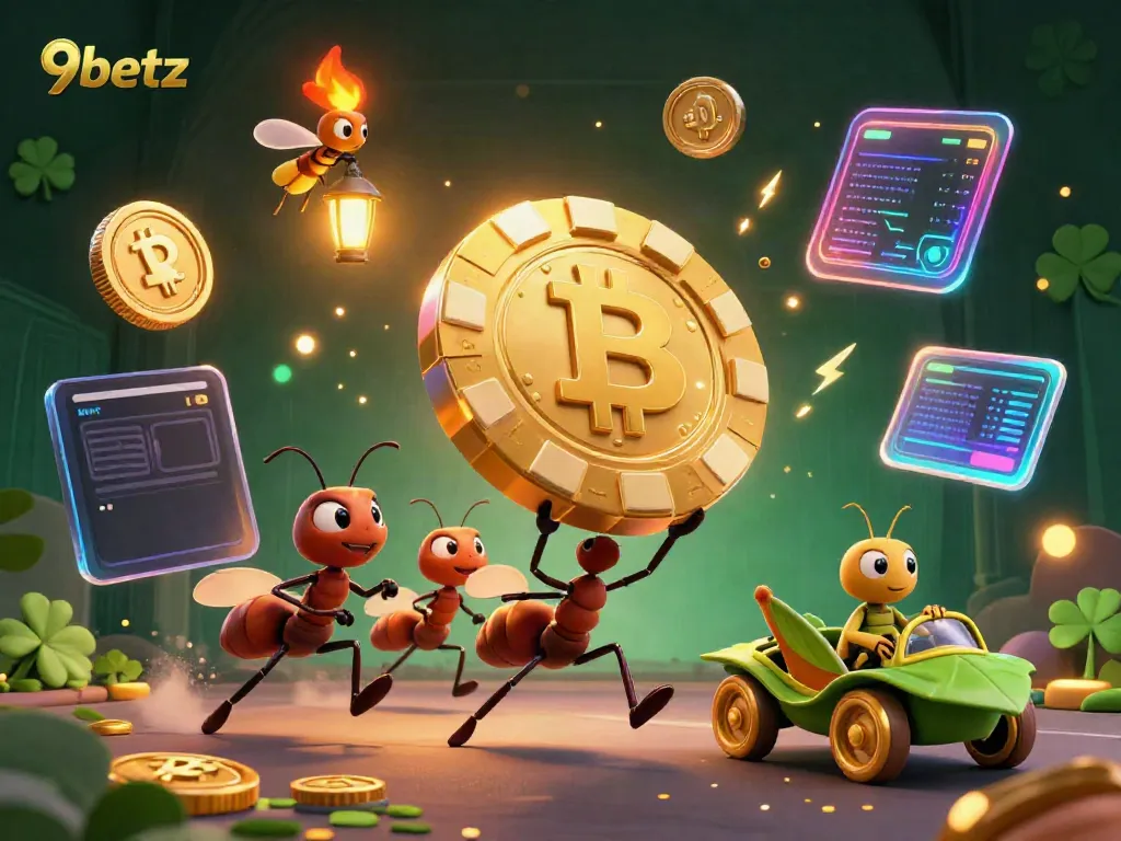 Join the 9betz heist with ants carrying a giant poker chip amidst glowing crypto elements.