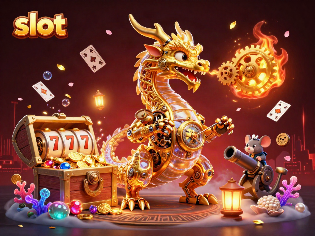 Engage with slot adventures in this vibrant 3D scene featuring a golden dragon and magical elements.