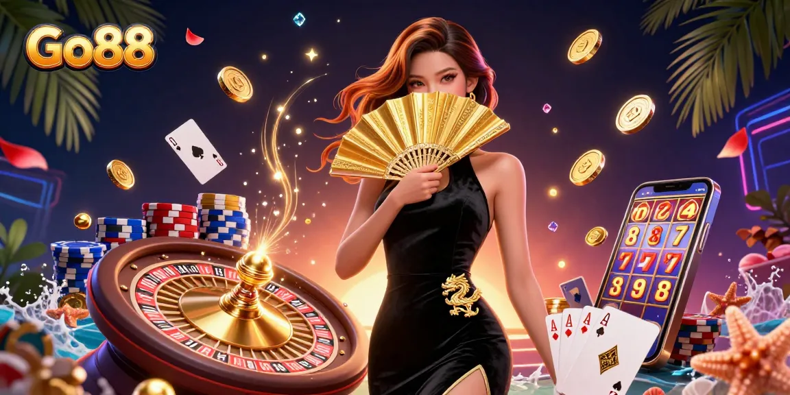 Experience thrilling gameplay at Go88 with cascading coins, colorful poker chips, and stunning visuals.