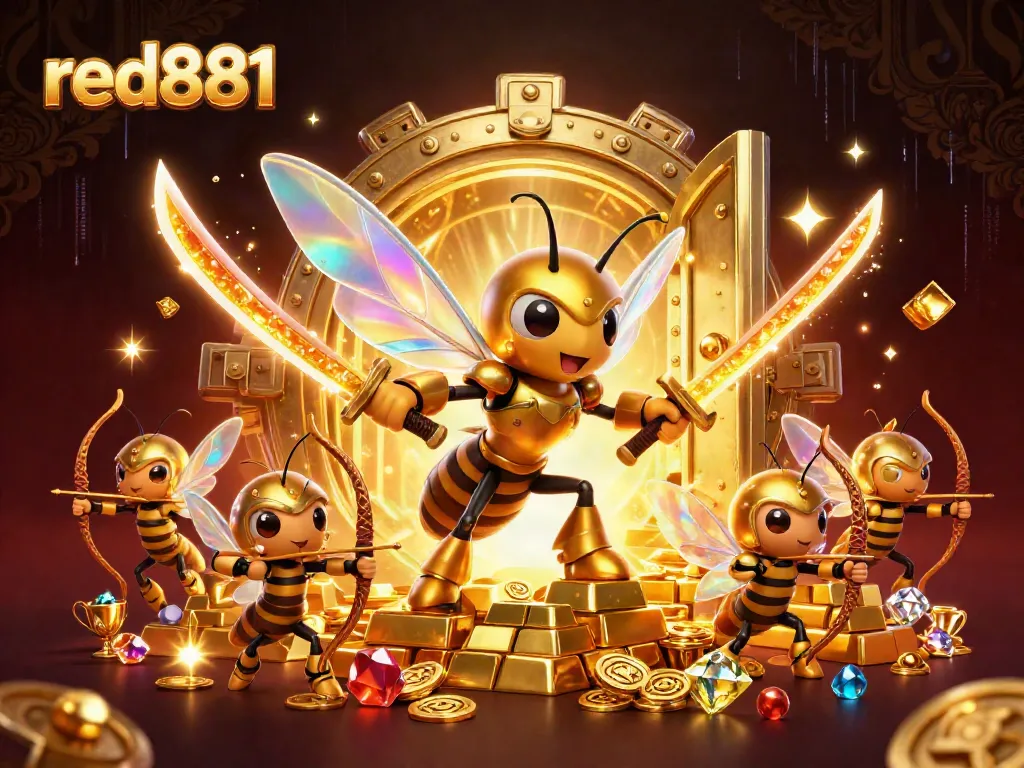 Experience the excitement of red881 with a golden samurai hornet and bee archers amidst treasure in this casino illustration