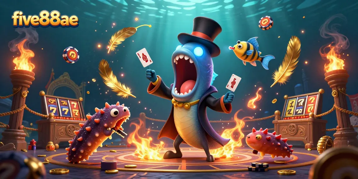 Engage with five88ae's thrilling deep-sea casino scene featuring vibrant characters and dynamic gambling elements.