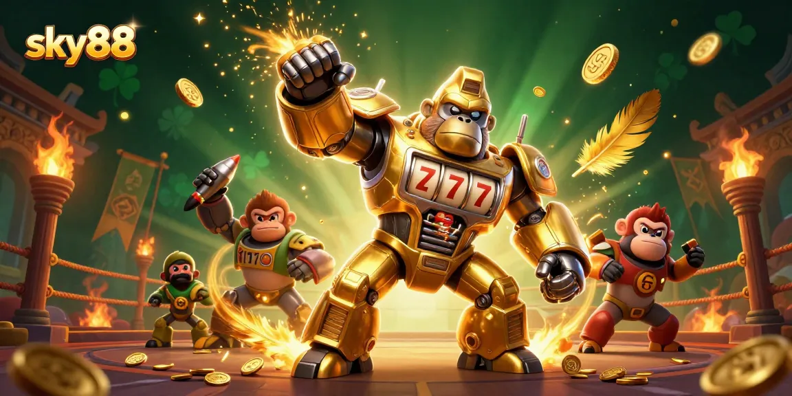 Engage with sky88's dynamic casino experience featuring a golden gorilla mech and thrilling game elements.