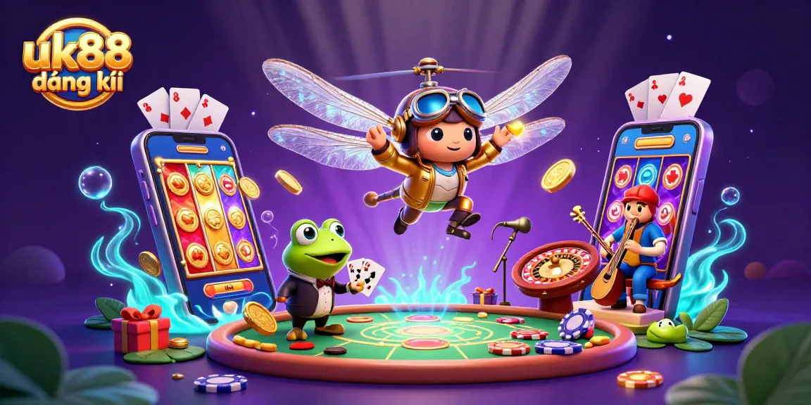 Play exciting games at uk88 đăng ký, featuring a vibrant 3D illustration with casino themes.