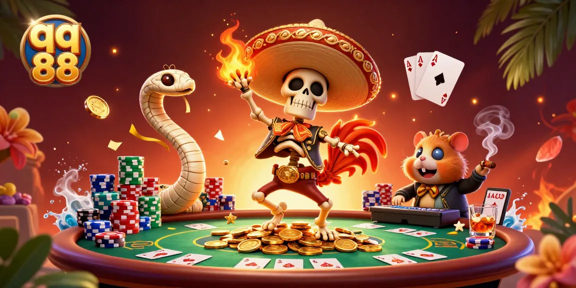 Experience the thrill of qq 88 with a vibrant 3D casino illustration featuring animated characters and gaming elements.
