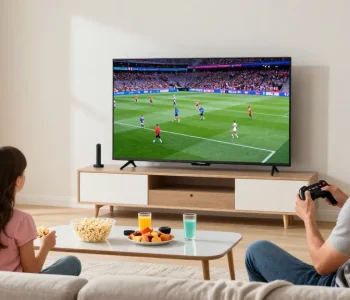 Family enjoying IPTV streaming on smart TV in a cozy living room