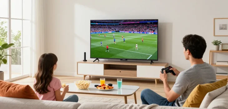 Family enjoying IPTV streaming on smart TV in a cozy living room