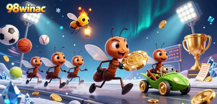 Experience thrilling gambling action with 98winac as ants heist large poker chip, surrounded by sports elements.