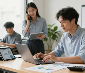 Accountant using accounting software for small business in a bright office setting, surrounded by financial charts and documents.