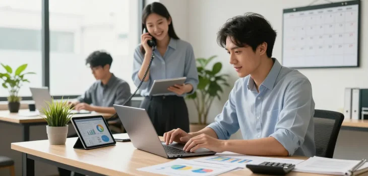 Accountant using accounting software for small business in a bright office setting, surrounded by financial charts and documents.