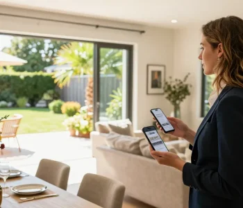 Jaklin Dalir Real Estate agent showcasing a modern home during an open house event with welcoming atmosphere.