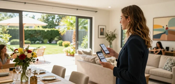 Jaklin Dalir Real Estate agent showcasing a modern home during an open house event with welcoming atmosphere.