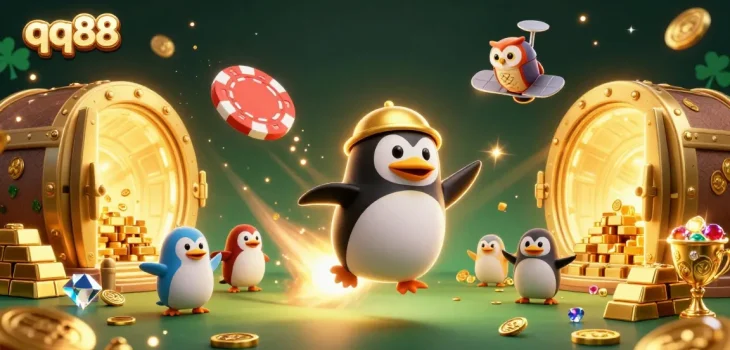 Engage with the thrilling world of qq88 as a rocket-powered golden penguin ventures to a vibrant casino universe.
