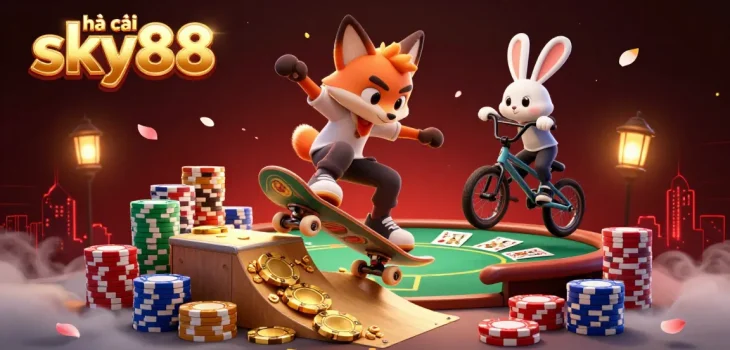 Experience excitement with nhà cái sky88, featuring a vibrant casino scene with dynamic characters and poker elements.