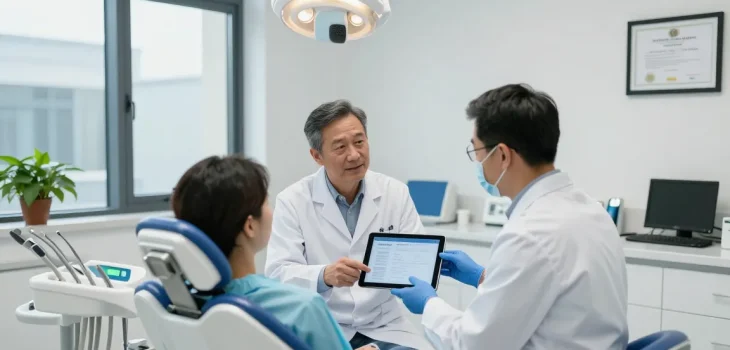 Dental Malpractice in Turkey consultation scene in a modern clinic with patient and dentist discussing treatment.