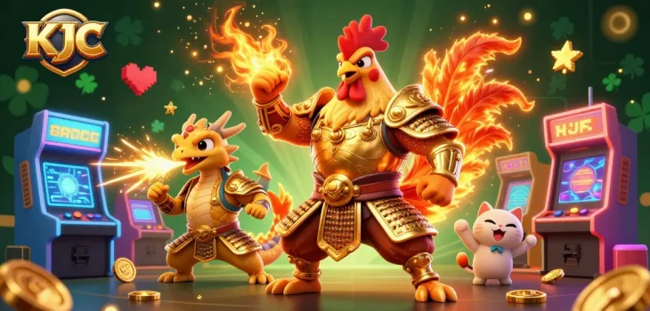 Join the KJC gaming adventure with a powerful rooster warrior, dragon, and a fortune cat amidst colorful casino elements.