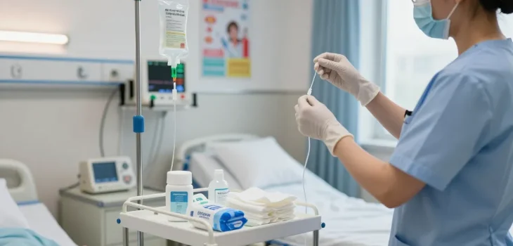 Preparing IV needles for patient care in a professional medical setting.
