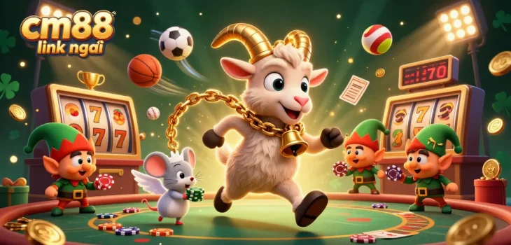 Experience thrilling wins at cm88 link mới with a vibrant festive casino scene featuring Krampus and playful characters.