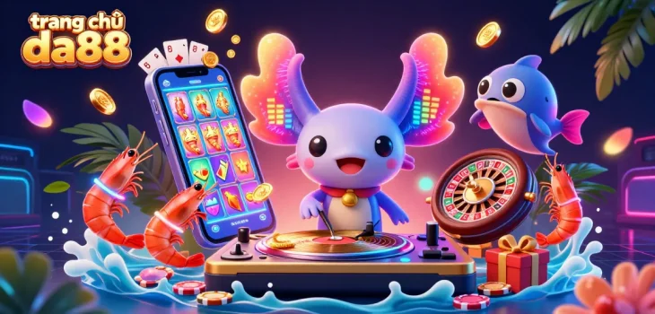 Experience the vibrant energy of trang chủ da88 with a neon casino scene showcasing exciting characters and games.