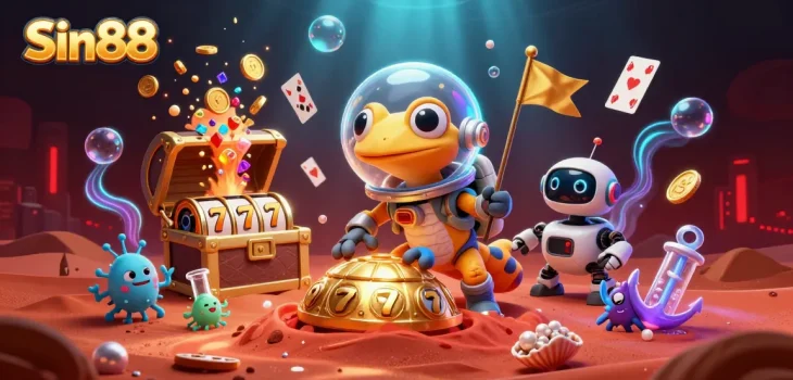 Experience exciting gameplay with Sin88, featuring gold coins and vibrant casino elements.