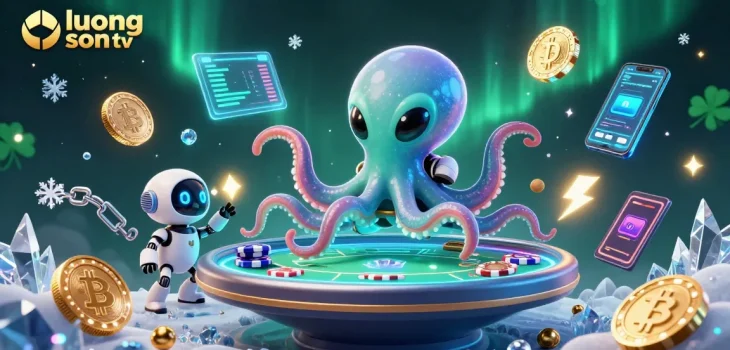 Engage with luong son tv, featuring a vibrant alien octopus running a holographic poker game with cosmic poker chips.