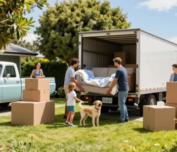 BDS Movers Tauranga team assists family during a sunny moving day, showcasing a friendly and professional atmosphere