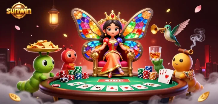 Experience sunwin's exhilarating gaming scene with a butterfly queen, poker elements, and rich graphics.
