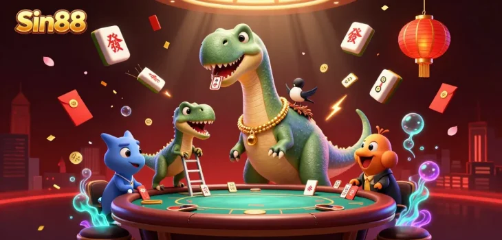Engage with thrilling Sin88 games as a dinosaur dealer and raptor cards fly at a vivid casino scene.