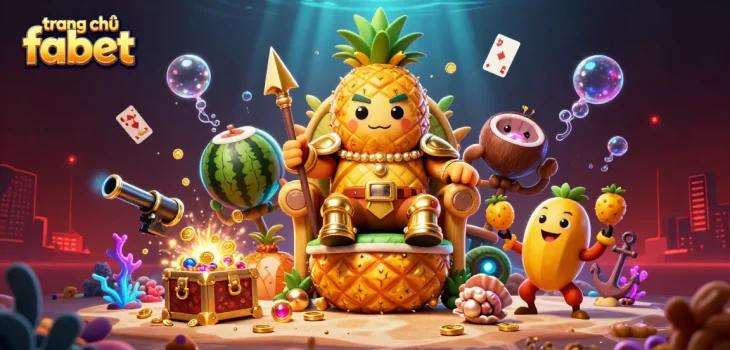 Experience excitement on trang chủ fabet with a 3D illustration of the golden pineapple king and vibrant casino elements.