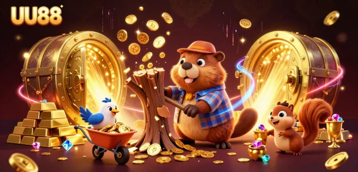 UU88 captivates players with a lively scene of a beaver and friends collecting golden coins, showcasing a vibrant casino atmosphere.