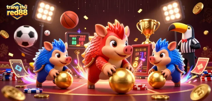 Compete at trang chủ red88 while rival pangolins roll golden balls through poker chips in this vibrant casino illustration.